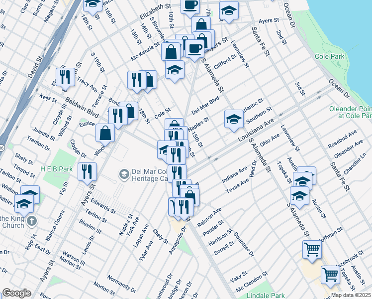 map of restaurants, bars, coffee shops, grocery stores, and more near 714 Atlantic Street in Corpus Christi