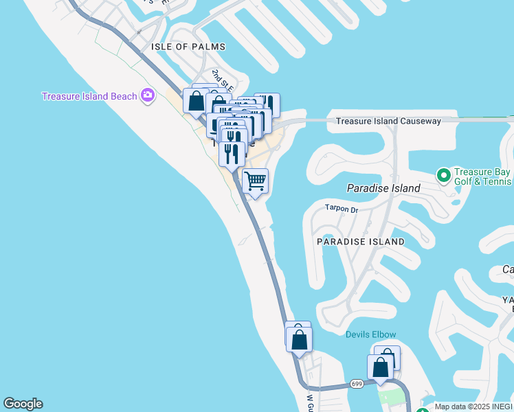 map of restaurants, bars, coffee shops, grocery stores, and more near 111 104th Avenue in Treasure Island