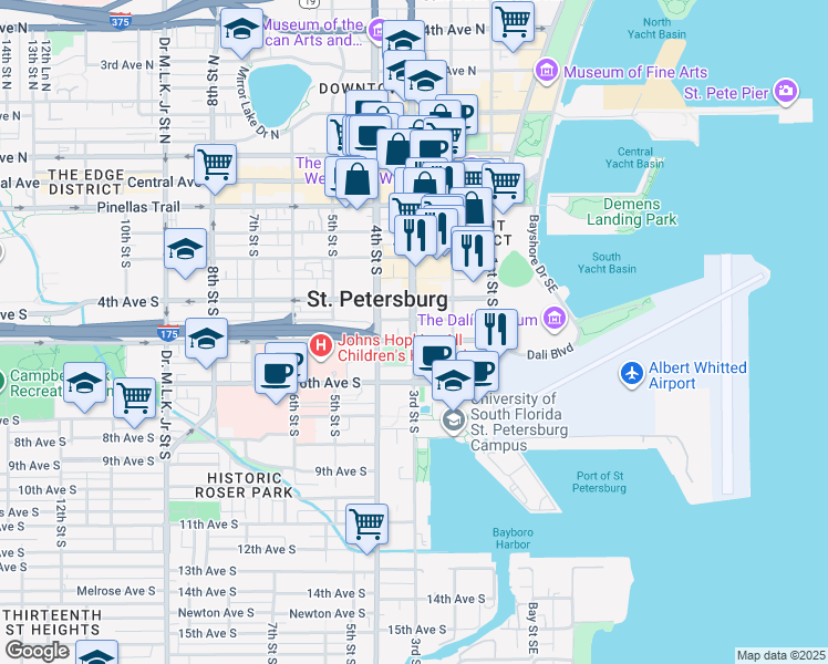 map of restaurants, bars, coffee shops, grocery stores, and more near 200 4th Avenue South in St. Petersburg