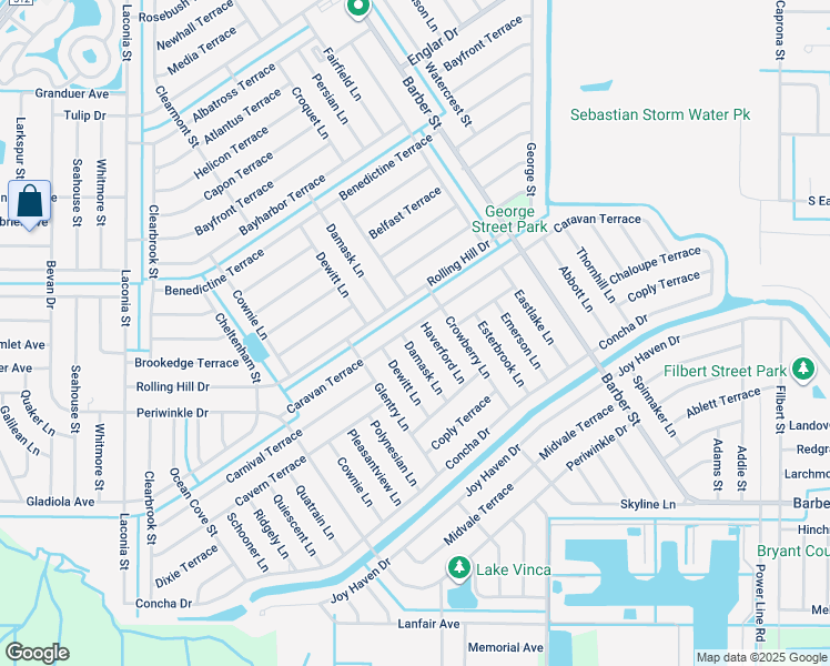 map of restaurants, bars, coffee shops, grocery stores, and more near 549 Caravan Terrace in Sebastian