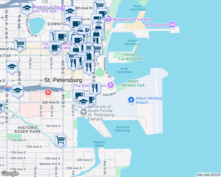map of restaurants, bars, coffee shops, grocery stores, and more near 1 Dali Boulevard in St. Petersburg