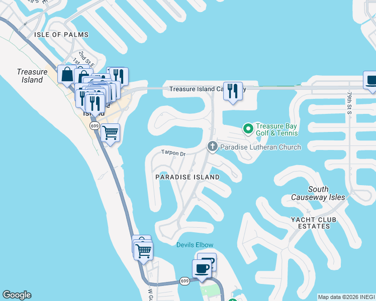 map of restaurants, bars, coffee shops, grocery stores, and more near 10240 Tarpon Drive in Treasure Island
