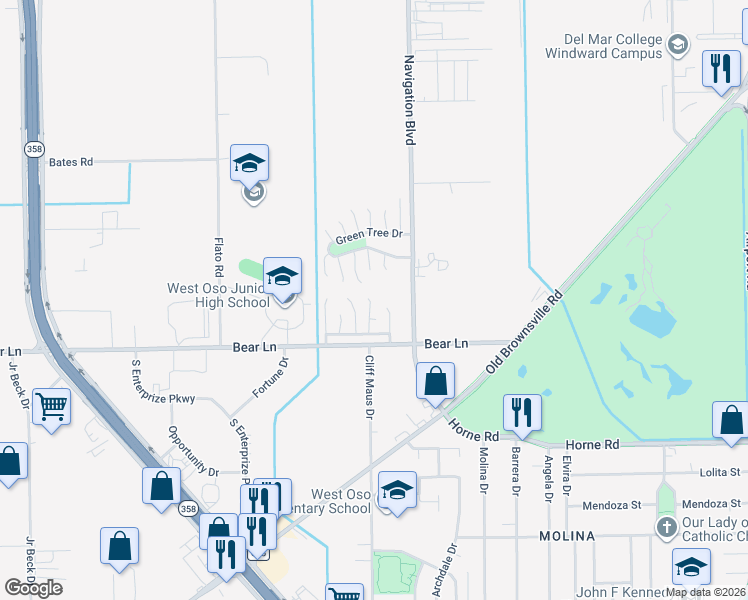 map of restaurants, bars, coffee shops, grocery stores, and more near 1133 Green Earth Drive in Corpus Christi