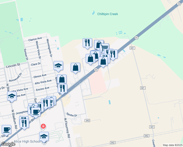 map of restaurants, bars, coffee shops, grocery stores, and more near 2500 E Main St in Alice