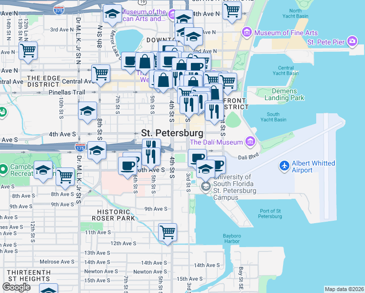 map of restaurants, bars, coffee shops, grocery stores, and more near in St. Petersburg
