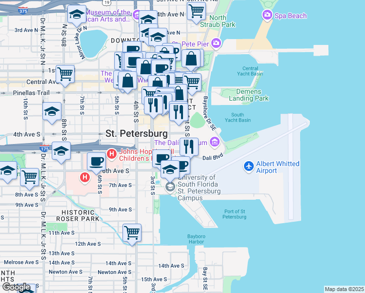 map of restaurants, bars, coffee shops, grocery stores, and more near 144 Delmar Terrace South in St. Petersburg