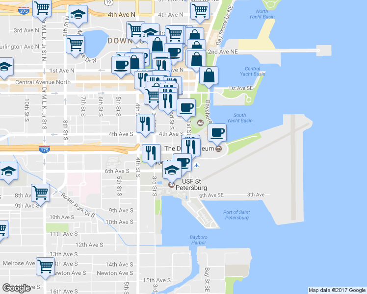 map of restaurants, bars, coffee shops, grocery stores, and more near 144 Delmar Terrace South in St. Petersburg