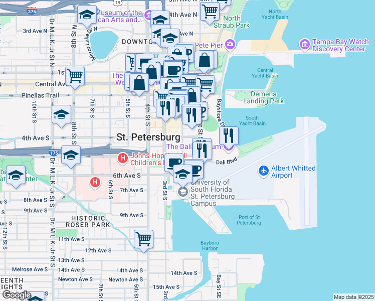 map of restaurants, bars, coffee shops, grocery stores, and more near 144 Delmar Terrace South in St. Petersburg
