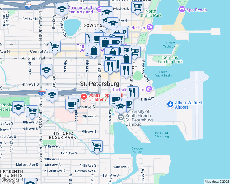 map of restaurants, bars, coffee shops, grocery stores, and more near 200 4th Avenue South in St. Petersburg