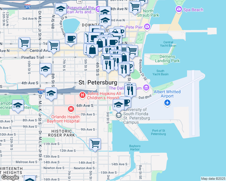 map of restaurants, bars, coffee shops, grocery stores, and more near 200 4th Avenue South in St. Petersburg