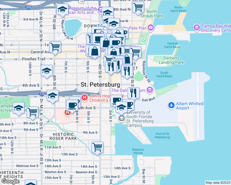 map of restaurants, bars, coffee shops, grocery stores, and more near 200 4th Avenue South in St. Petersburg