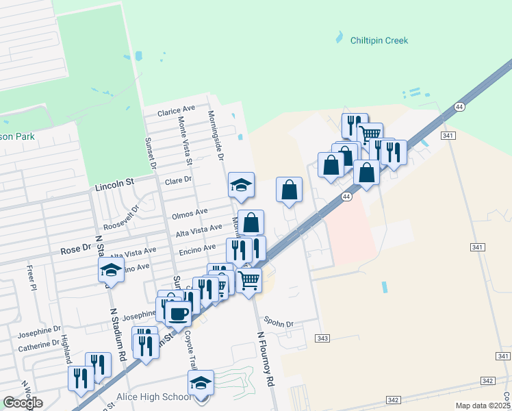 map of restaurants, bars, coffee shops, grocery stores, and more near 1400 Morningside Drive in Alice