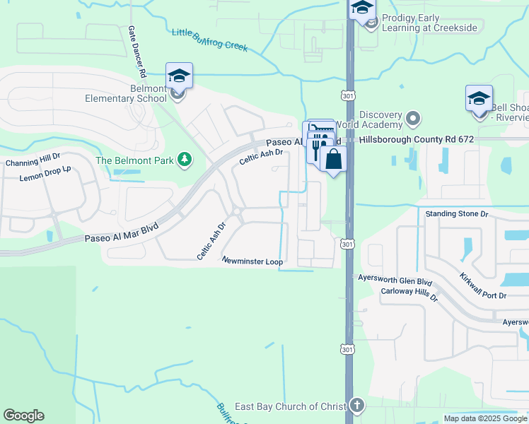 map of restaurants, bars, coffee shops, grocery stores, and more near 10119 Celtic Ash Drive in Ruskin
