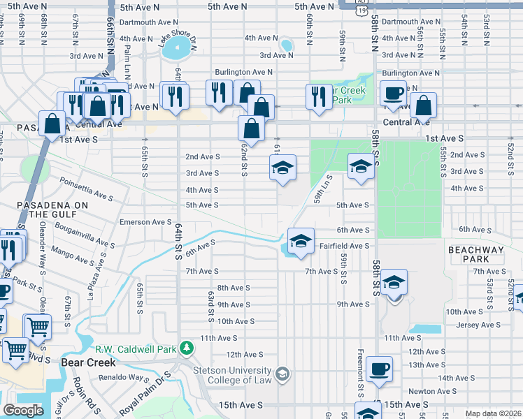 map of restaurants, bars, coffee shops, grocery stores, and more near 6135 5th Avenue South in St. Petersburg