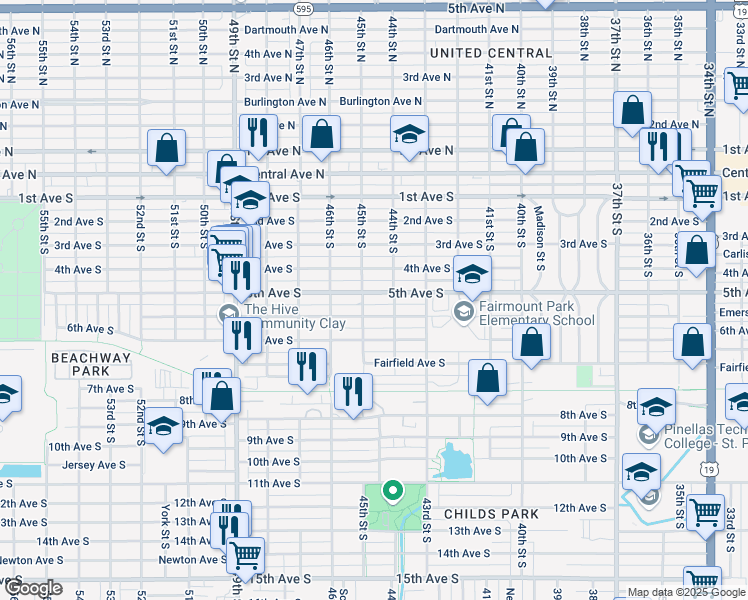 map of restaurants, bars, coffee shops, grocery stores, and more near 4421 5th Avenue South in St. Petersburg