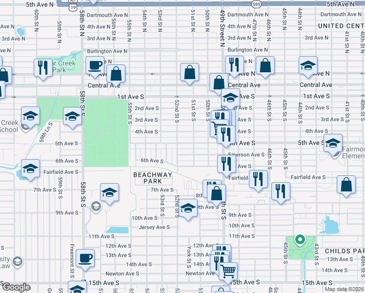 map of restaurants, bars, coffee shops, grocery stores, and more near 5201 5th Avenue South in St. Petersburg