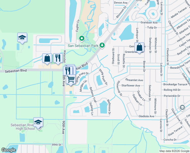 map of restaurants, bars, coffee shops, grocery stores, and more near 113 Drake Way in Sebastian