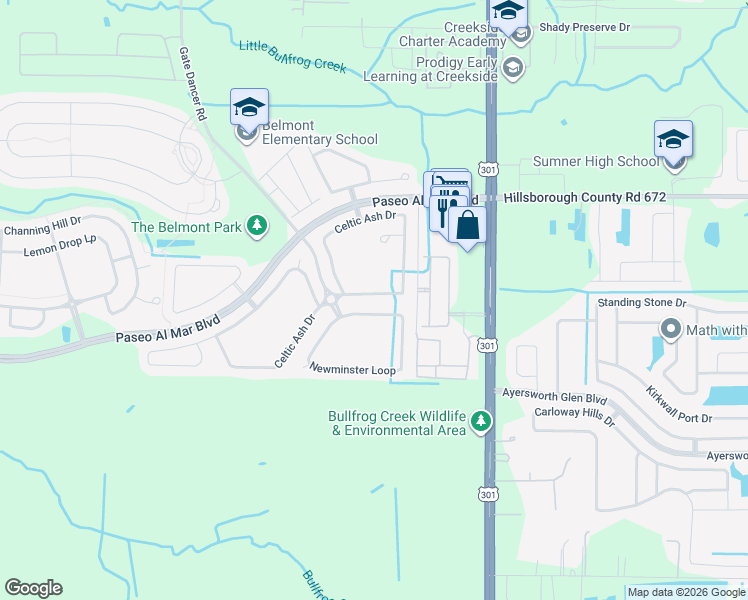 map of restaurants, bars, coffee shops, grocery stores, and more near 10126 Celtic Ash Drive in Ruskin