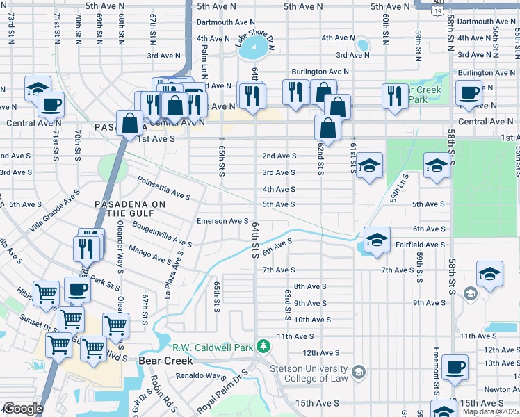 map of restaurants, bars, coffee shops, grocery stores, and more near 6359 5th Avenue South in St. Petersburg