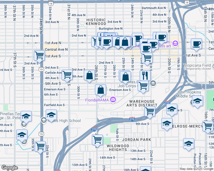 map of restaurants, bars, coffee shops, grocery stores, and more near 2635 5th Avenue South in St. Petersburg