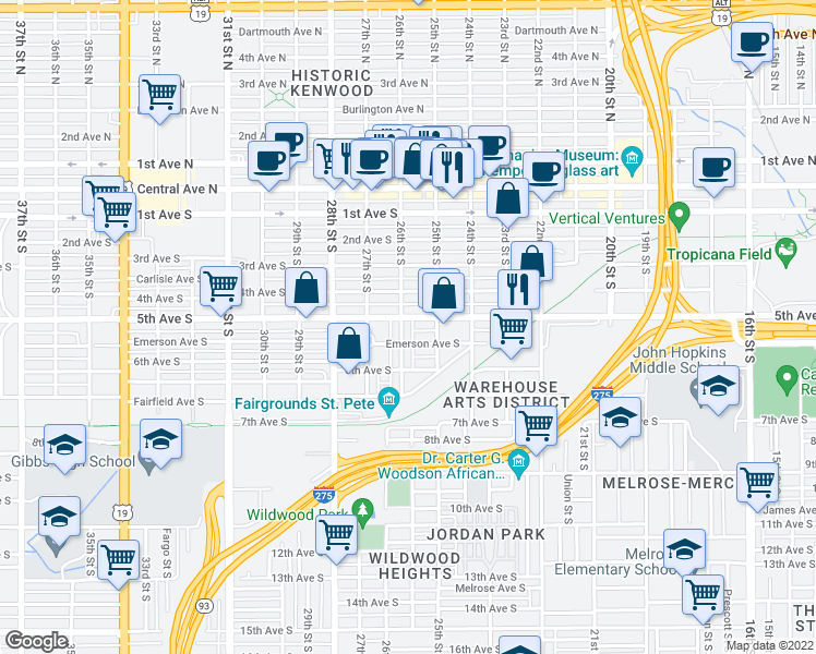 map of restaurants, bars, coffee shops, grocery stores, and more near 510 26th Street South in Saint Petersburg