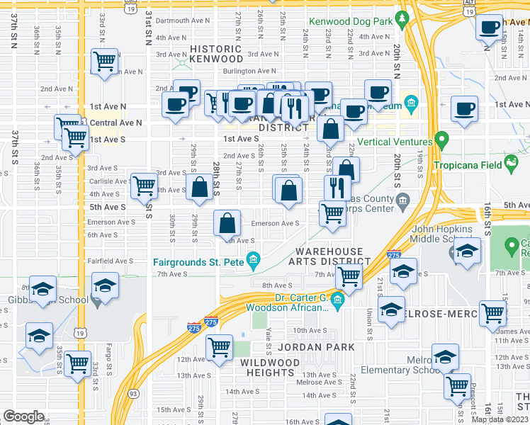 map of restaurants, bars, coffee shops, grocery stores, and more near 2534 5th Avenue South in St. Petersburg