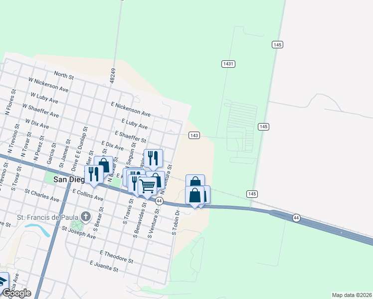 map of restaurants, bars, coffee shops, grocery stores, and more near 502 North Ventura Street in San Diego