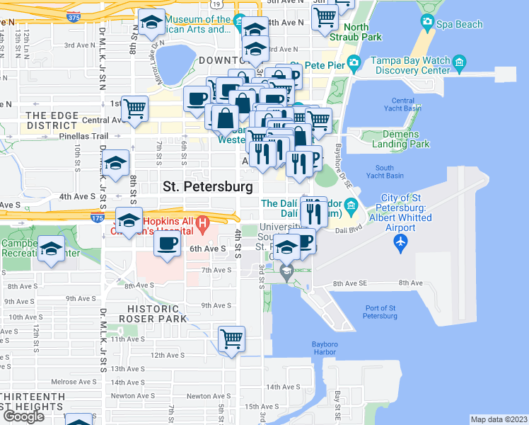 map of restaurants, bars, coffee shops, grocery stores, and more near 200 4th Avenue South in St. Petersburg