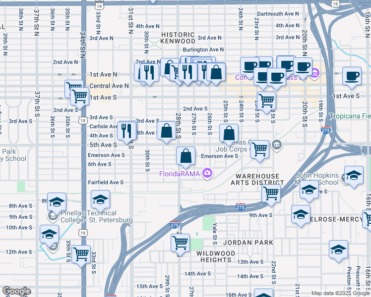 map of restaurants, bars, coffee shops, grocery stores, and more near 5th Avenue South in St. Petersburg
