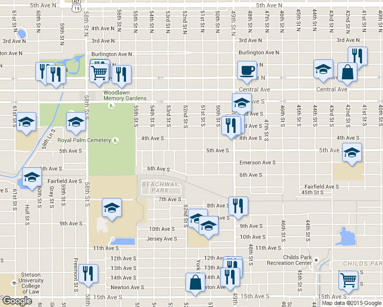 map of restaurants, bars, coffee shops, grocery stores, and more near 5201 5th Avenue South in St. Petersburg