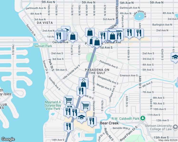 map of restaurants, bars, coffee shops, grocery stores, and more near 166 Pinellas Way North in Saint Petersburg