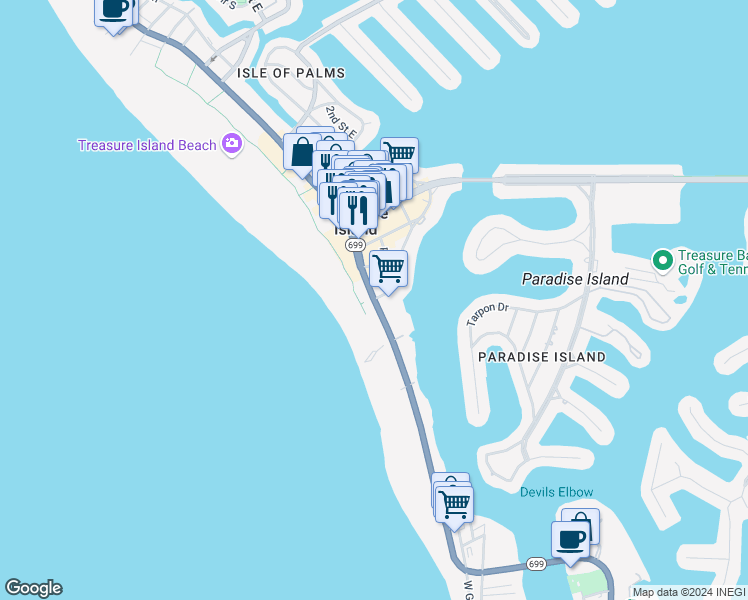 map of restaurants, bars, coffee shops, grocery stores, and more near 10400 Gulf Boulevard in Treasure Island