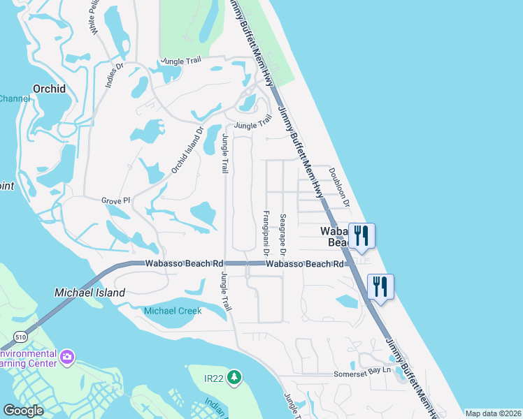 map of restaurants, bars, coffee shops, grocery stores, and more near 9460 East Maiden Court in Vero Beach