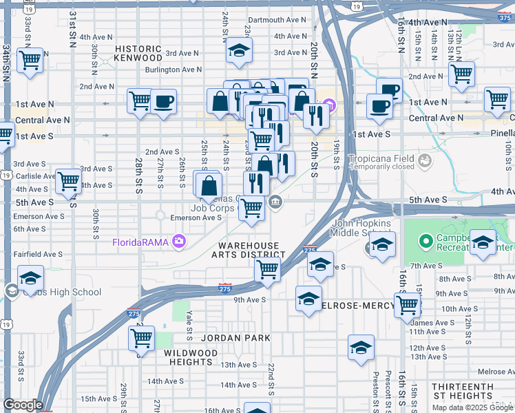 map of restaurants, bars, coffee shops, grocery stores, and more near 2232 5th Avenue South in St. Petersburg