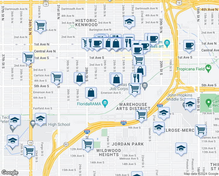 map of restaurants, bars, coffee shops, grocery stores, and more near 2534 5th Avenue South in St. Petersburg