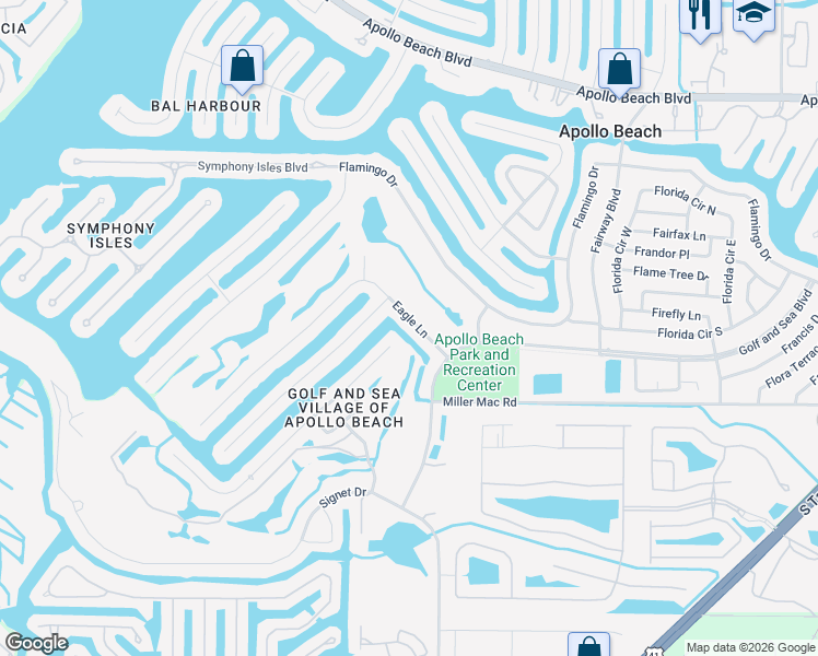 map of restaurants, bars, coffee shops, grocery stores, and more near 710 Eagle Lane in Apollo Beach