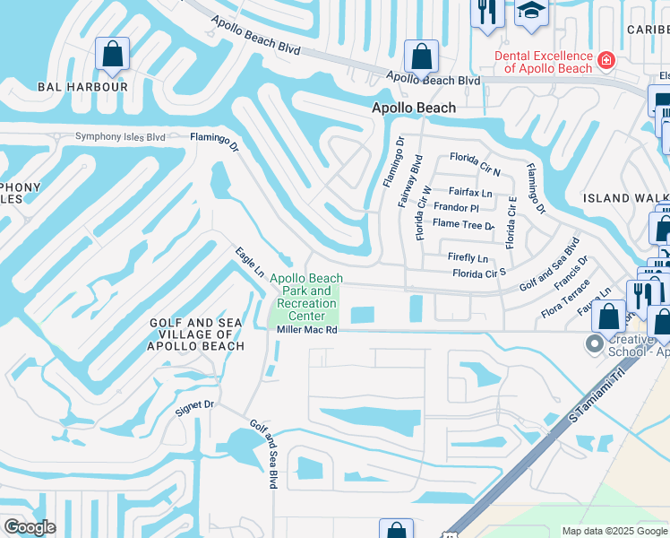 map of restaurants, bars, coffee shops, grocery stores, and more near 656 Flamingo Drive in Apollo Beach