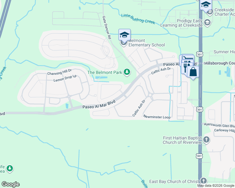map of restaurants, bars, coffee shops, grocery stores, and more near 9909 Victory Gallop Loop in Ruskin