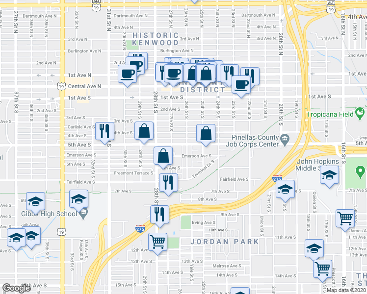 map of restaurants, bars, coffee shops, grocery stores, and more near 2635 5th Avenue South in St. Petersburg