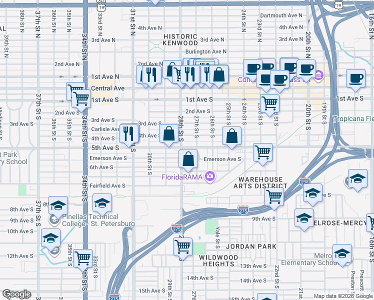 map of restaurants, bars, coffee shops, grocery stores, and more near 5th Avenue South in St. Petersburg