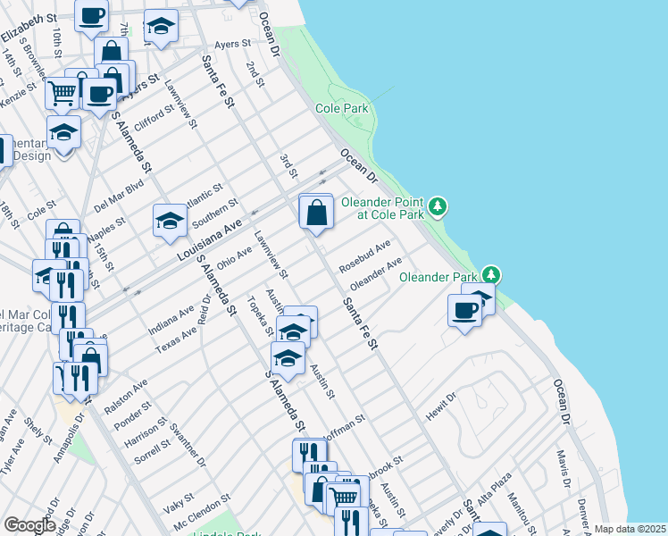 map of restaurants, bars, coffee shops, grocery stores, and more near 253 Leming Avenue in Corpus Christi