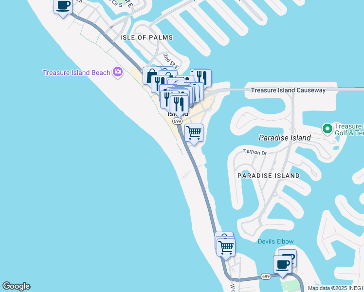 map of restaurants, bars, coffee shops, grocery stores, and more near 10400 Gulf Boulevard in Treasure Island