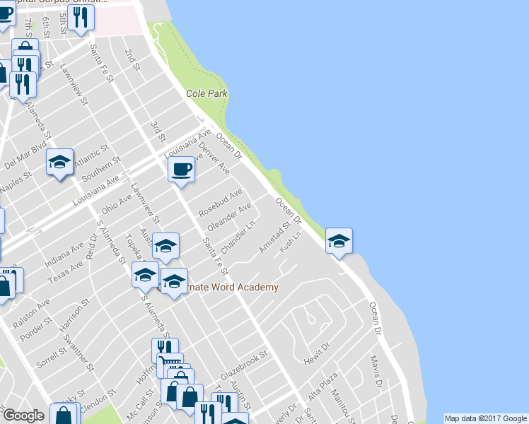 map of restaurants, bars, coffee shops, grocery stores, and more near 2930 Denver Avenue in Corpus Christi