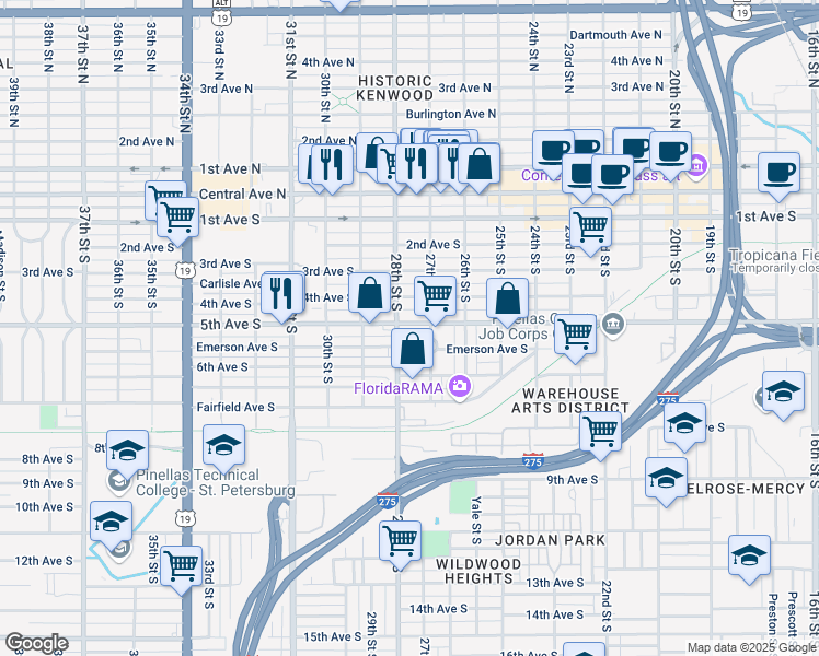 map of restaurants, bars, coffee shops, grocery stores, and more near 2742 5th Avenue South in St. Petersburg