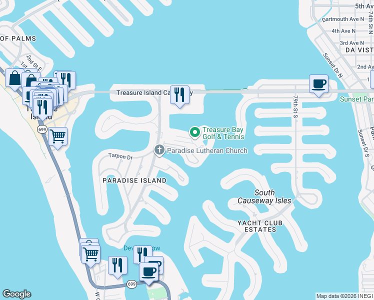 map of restaurants, bars, coffee shops, grocery stores, and more near 505 Sandy Hook Road in Treasure Island
