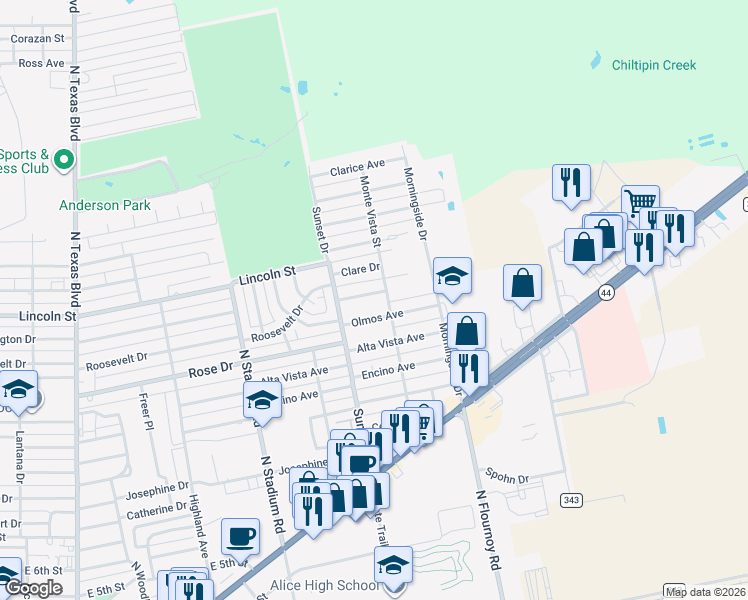 map of restaurants, bars, coffee shops, grocery stores, and more near 1816 Newell Street in Alice