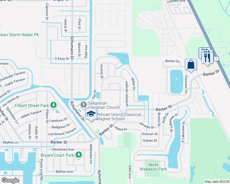 map of restaurants, bars, coffee shops, grocery stores, and more near 113 Douglass Avenue in Sebastian