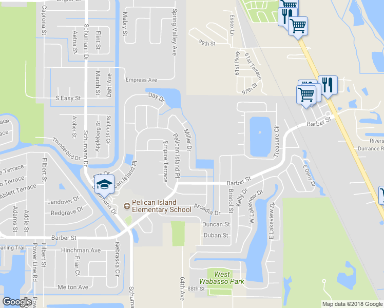 map of restaurants, bars, coffee shops, grocery stores, and more near 125 Miller Drive in Sebastian