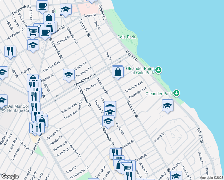 map of restaurants, bars, coffee shops, grocery stores, and more near 325 Texas Avenue in Corpus Christi
