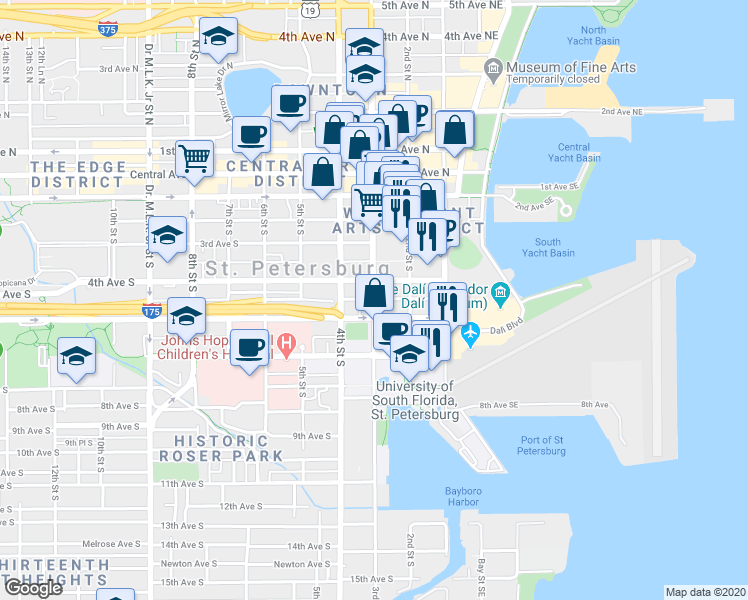 map of restaurants, bars, coffee shops, grocery stores, and more near 298 Delmar Terrace South in St. Petersburg